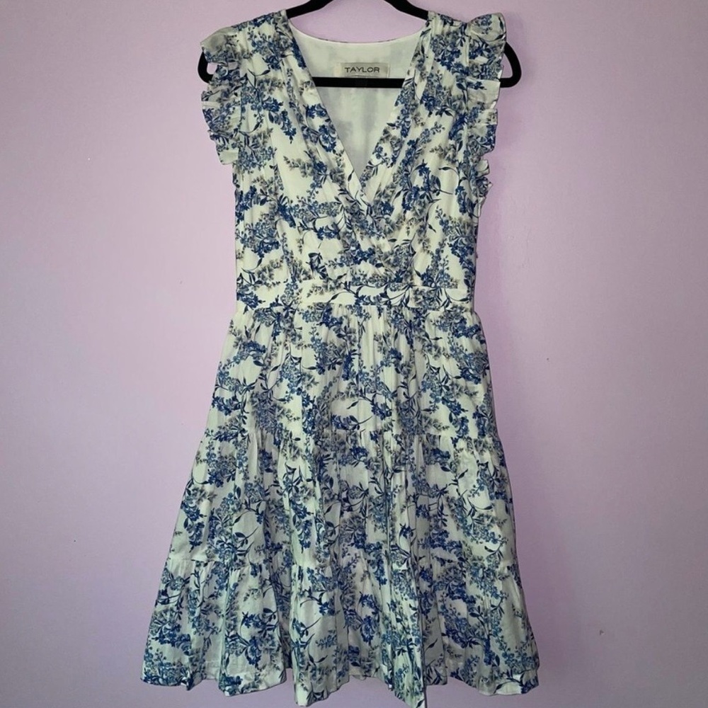 Taylor White and Blue Floral Midi Dress